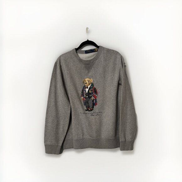 Polo Ralph Lauren Grey Sweatshirt w Polo Bear, Sz Med, Round Neck Casual Comfort - Picture 1 of 4